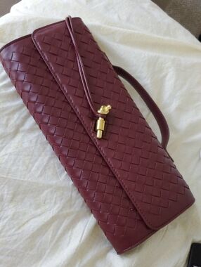 Woven Faux Leather Burgundy Clutch Bag with Gold Accent